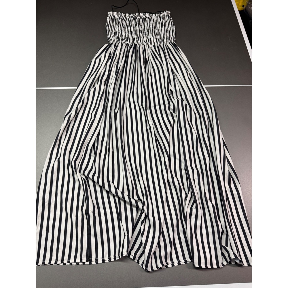 Black White Striped Smocked Maxi Dress Strapless Summer Boho Beach Sun Dress